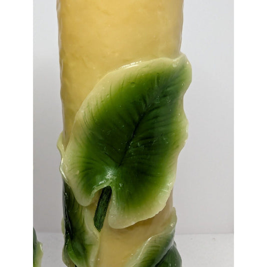 Dept 56 14" Pillar Candle Pair Retro Molded Painted Leaf Hand Carved Wax Candle