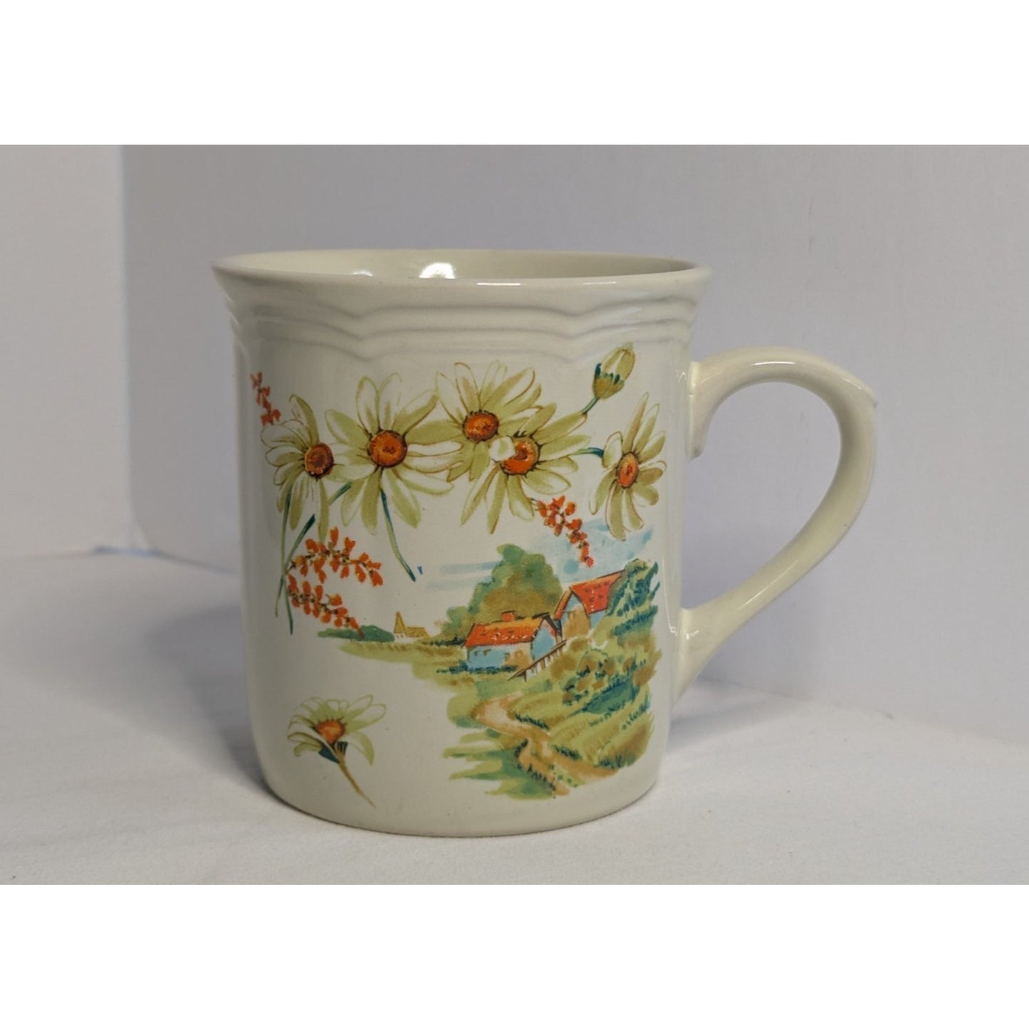 Vintage Ceramic Painted Coffee Mug Tea Cup Floral Landscape Made in Japan