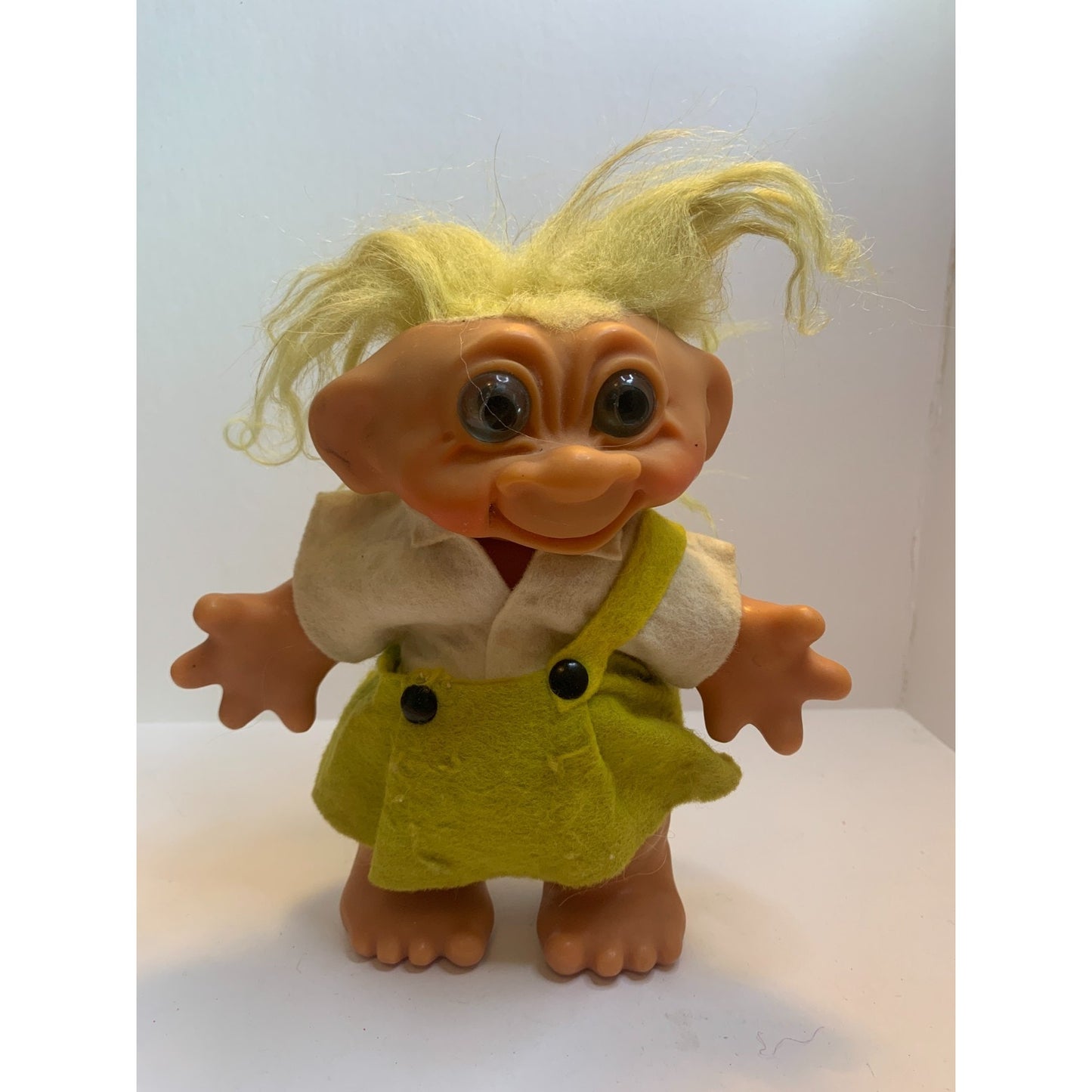 Vintage 60’s Thomas Dam Girl Troll Doll Bank 6” Yellow Dress Mohair Movable Head