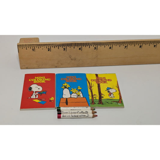 3 Vintage Snoopy Kids 2" Mini-Coloring Book Lot w/Colored Pencils