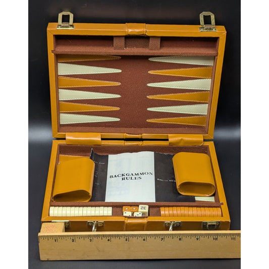 Vintage Brown Faux Leather Mini Travel Backgammon With Case Complete