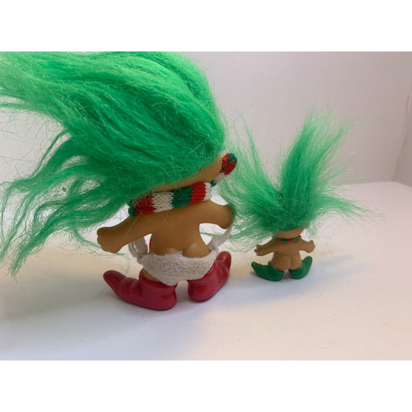 Two Vintage 90's Russ Christmas Elf Troll Dolls Mini & Pencils Topper Green Hair