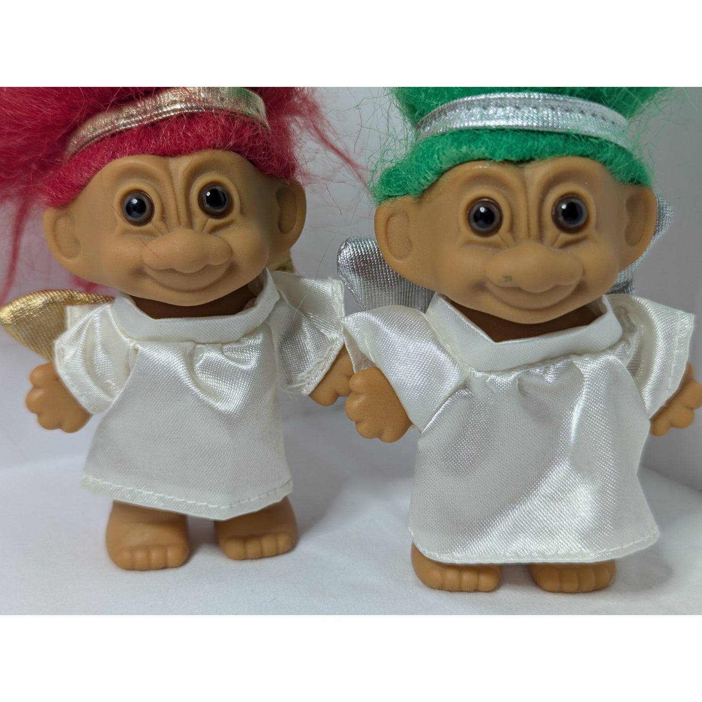 2 Vintage 90's 3" Russ Troll Doll Christmas Angels Ornaments Red & Green Hair