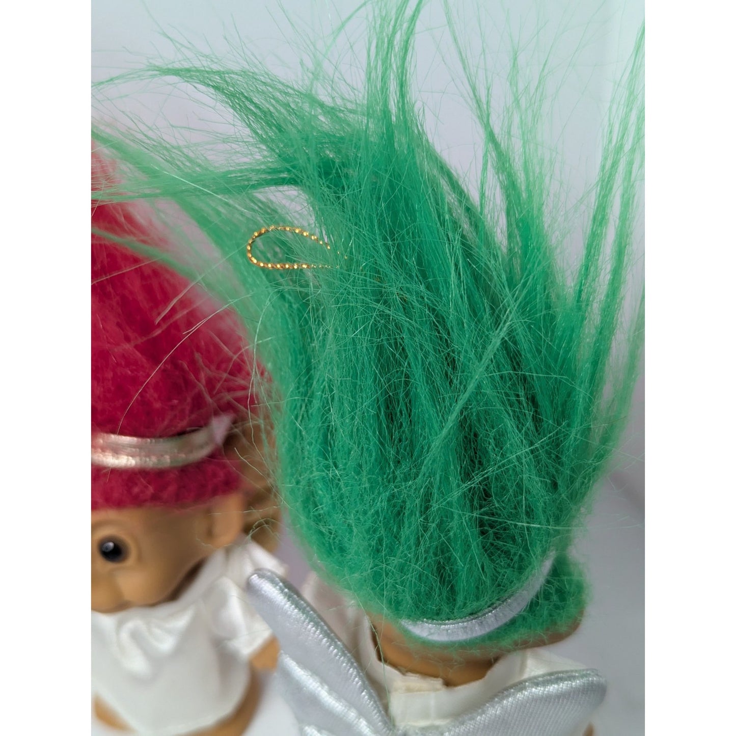 2 Vintage 90's 3" Russ Troll Doll Christmas Angels Ornaments Red & Green Hair