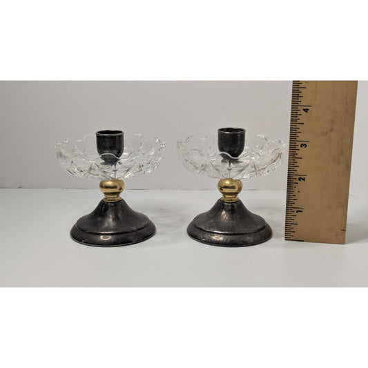 Set of 2 3.5" PM Italian Glass Top Silverplate Candlesticks Half-Inch Tapers