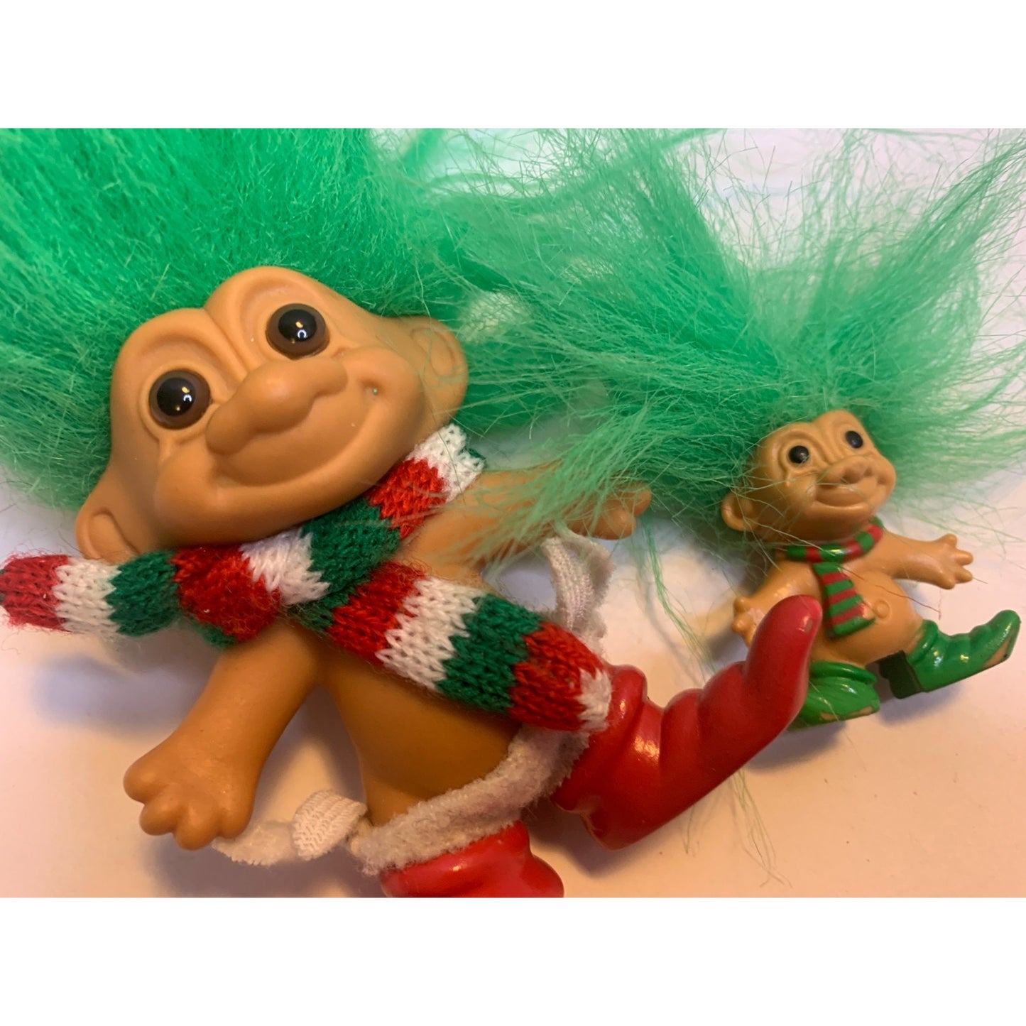 Two Vintage 90's Russ Christmas Elf Troll Dolls Mini & Pencils Topper Green Hair