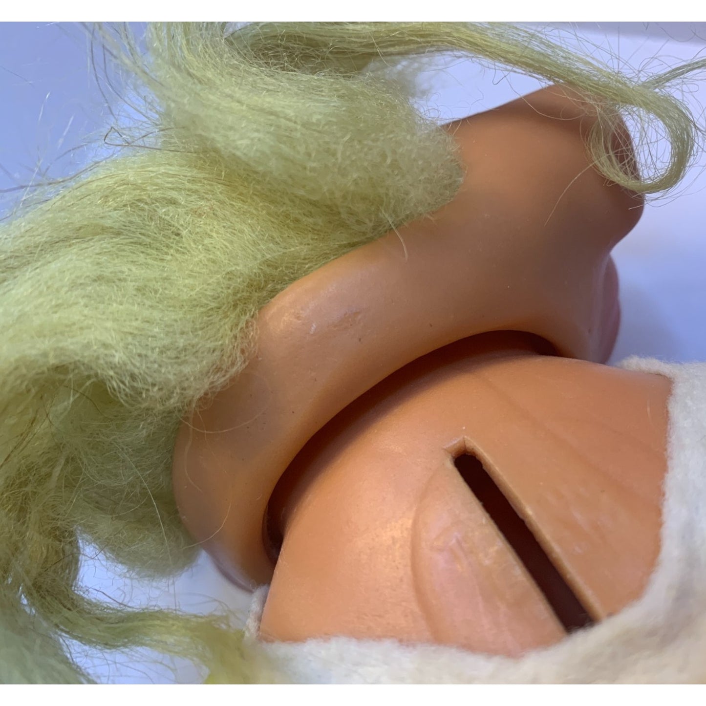 Vintage 60’s Thomas Dam Girl Troll Doll Bank 6” Yellow Dress Mohair Movable Head
