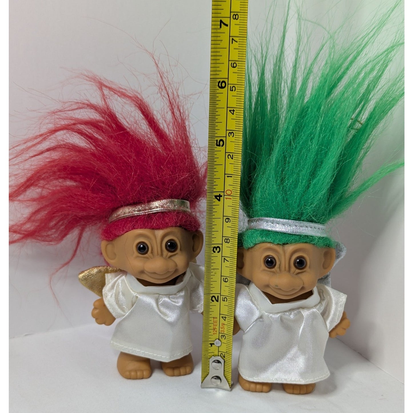 2 Vintage 90's 3" Russ Troll Doll Christmas Angels Ornaments Red & Green Hair
