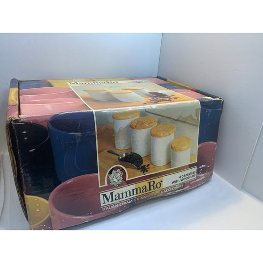Mamma Ro Pottery Italy Red Set of 4 Canisters Wood Lids in Box New Old Stock