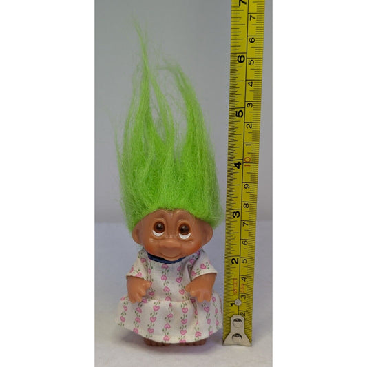 1985 D.A.M. 3" Troll Doll with Pink Heart Flower Dress and Green Hair Brown Eyes