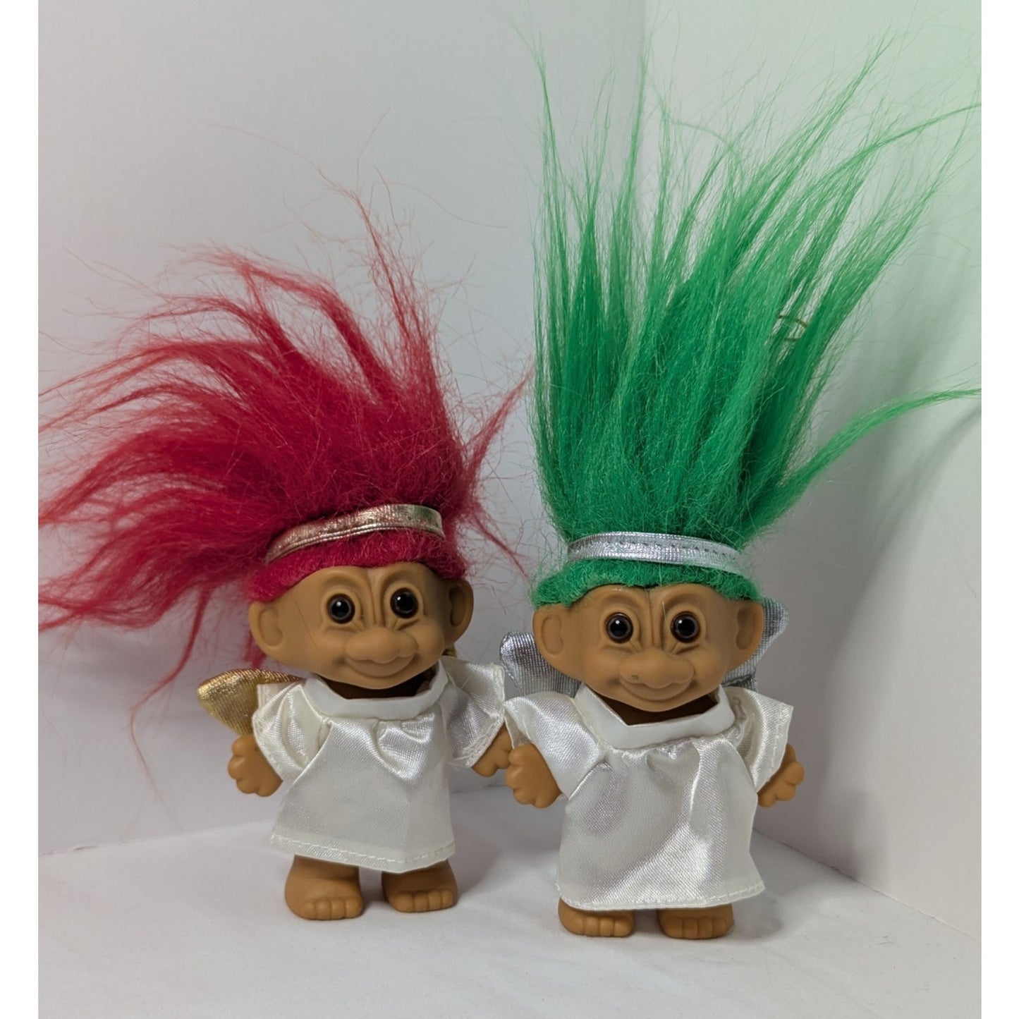 2 Vintage 90's 3" Russ Troll Doll Christmas Angels Ornaments Red & Green Hair