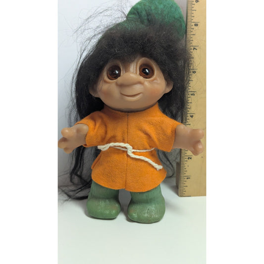 Vintage 1980 DAM Troll Doll Black Hair orange OUTFIT with Green HAT 10"