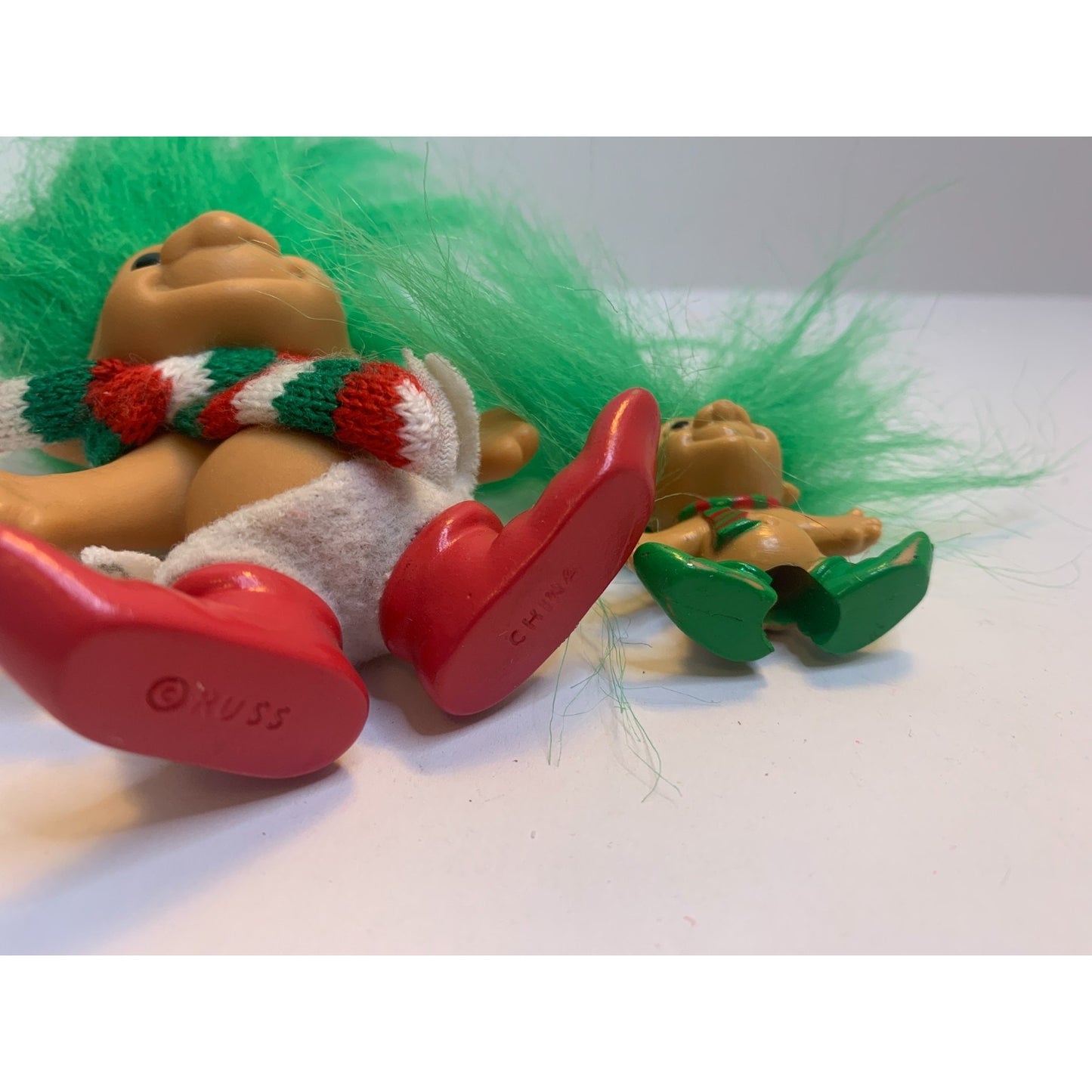 Two Vintage 90's Russ Christmas Elf Troll Dolls Mini & Pencils Topper Green Hair