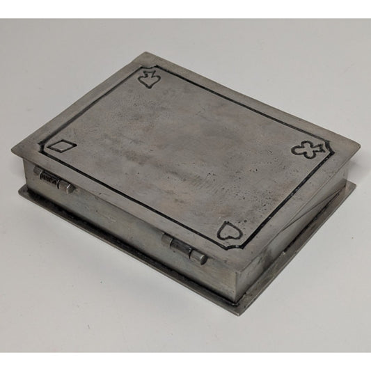 5.5" Vintage Pewter Playing Card Box w/Hinged Lid Decorated Card Suits
