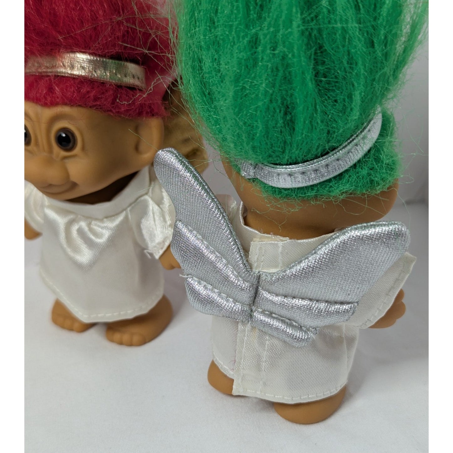 2 Vintage 90's 3" Russ Troll Doll Christmas Angels Ornaments Red & Green Hair