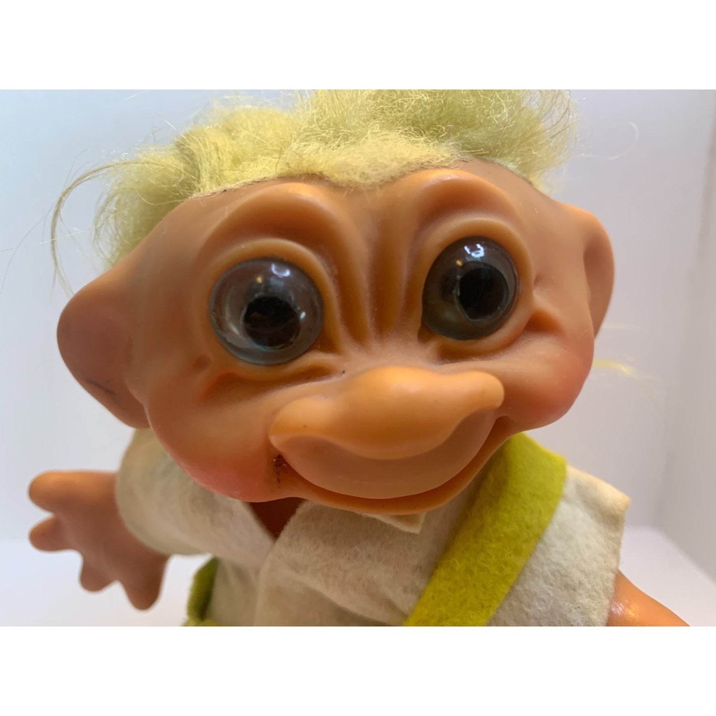 Vintage 60’s Thomas Dam Girl Troll Doll Bank 6” Yellow Dress Mohair Movable Head