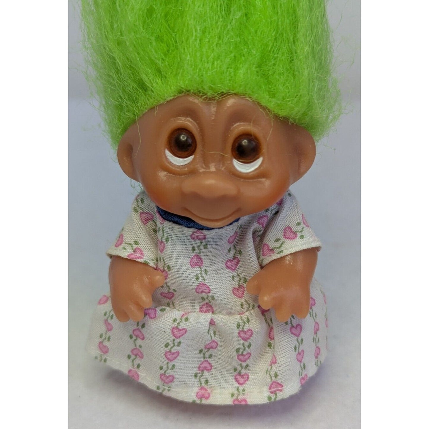 1985 D.A.M. 3" Troll Doll with Pink Heart Flower Dress and Green Hair Brown Eyes