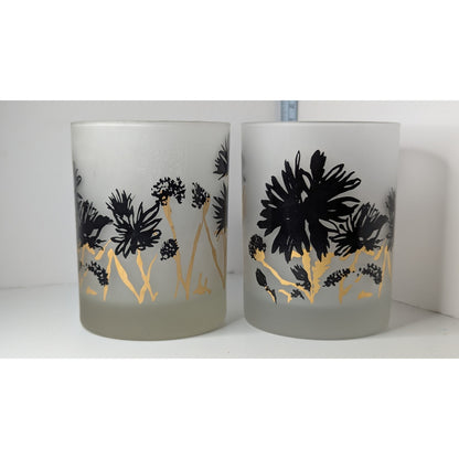 Georges Briard MCM Frosted Old Fashioned Rocks Glasses Set/2 Black Gold Floral