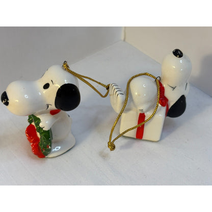 Two Vintage Snoopy Peanuts Ceramic Christmas Gift Present Wreath Ornaments Japan