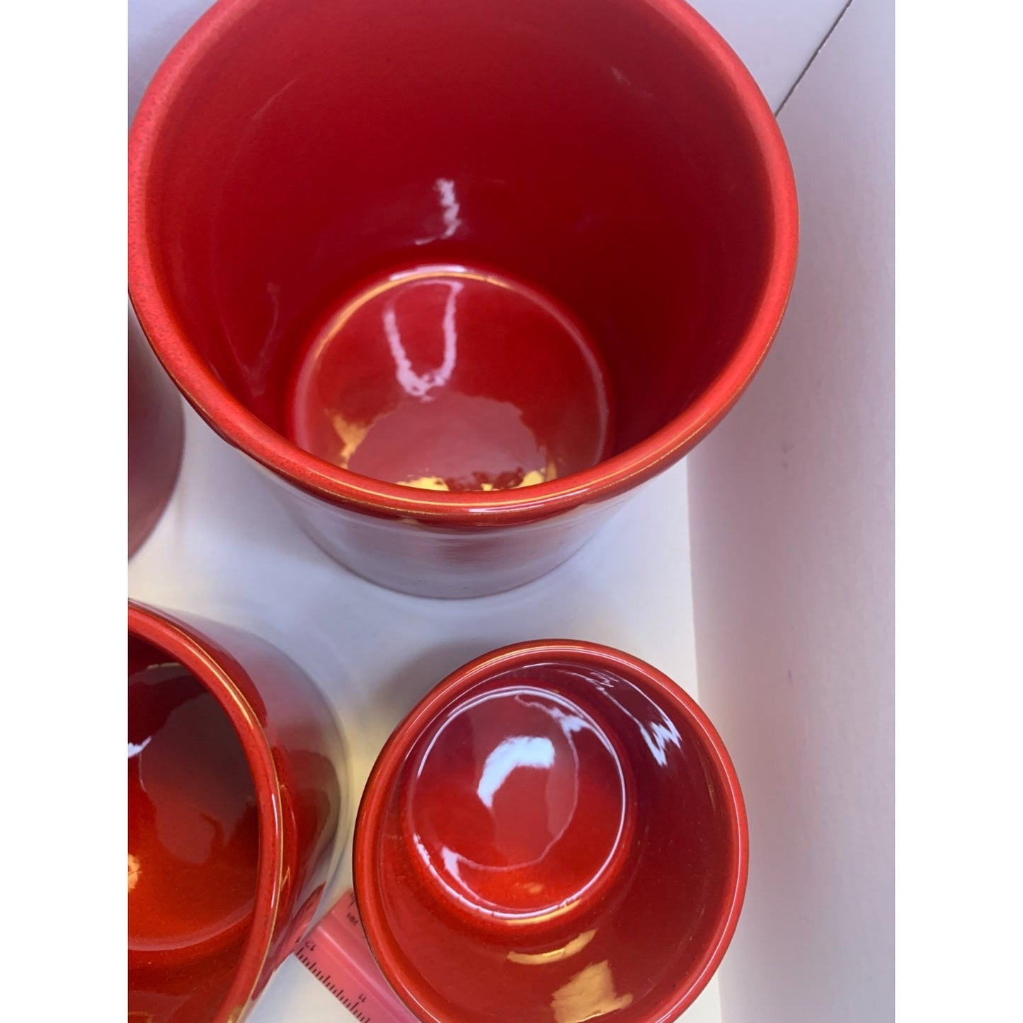 Mamma Ro Pottery Italy Red Set of 4 Canisters Wood Lids in Box New Old Stock