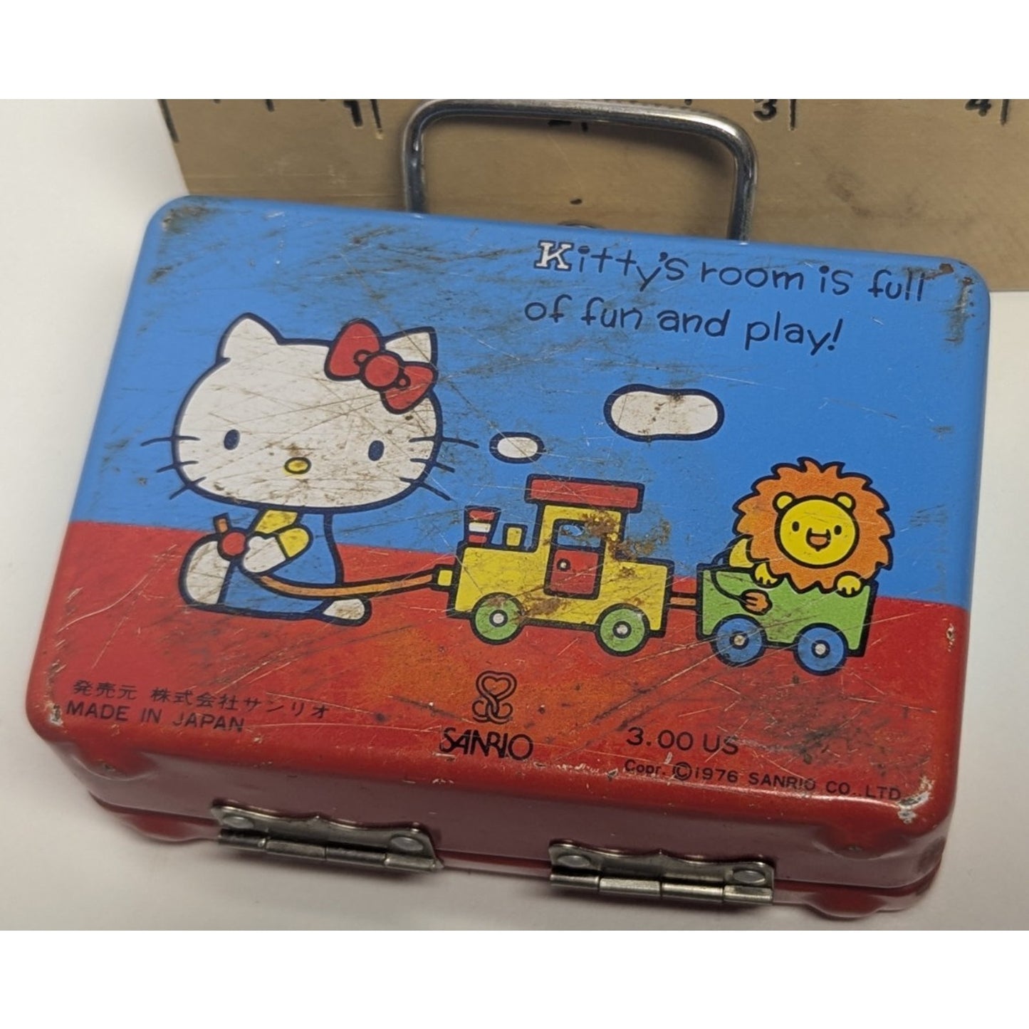 1976 Vintage Sanrio Hello Kitty Tiny Tin Mini Lunch Box 4" x 2.75"