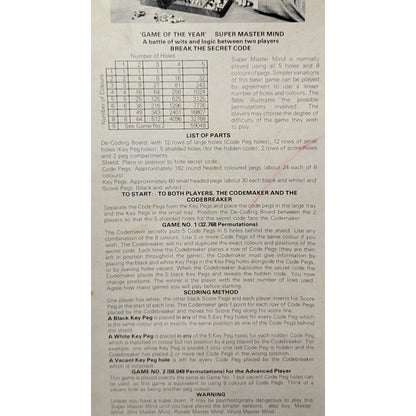 Vintage 70s Super Master Mind Board Game Invicta Code Breaking Strategy