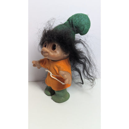 Vintage 1980 DAM Troll Doll Black Hair orange OUTFIT with Green HAT 10"