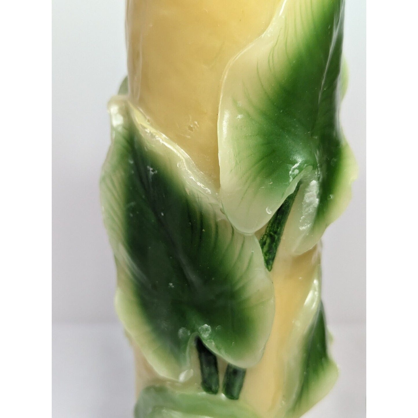 Dept 56 14" Pillar Candle Pair Retro Molded Painted Leaf Hand Carved Wax Candle