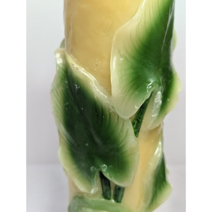 Dept 56 14" Pillar Candle Pair Retro Molded Painted Leaf Hand Carved Wax Candle