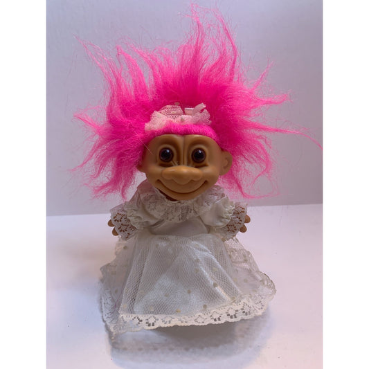 Vintage 1990s Russ 8" Bride Wedding Dress Troll Doll Pink Hair