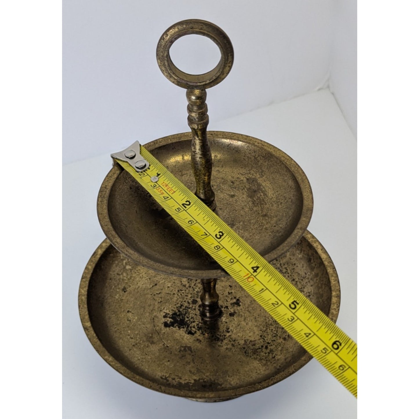 Vintage 2-Tier Brass Gold Tone Circular Jewelry Trinket Trays Stand 8” Metal