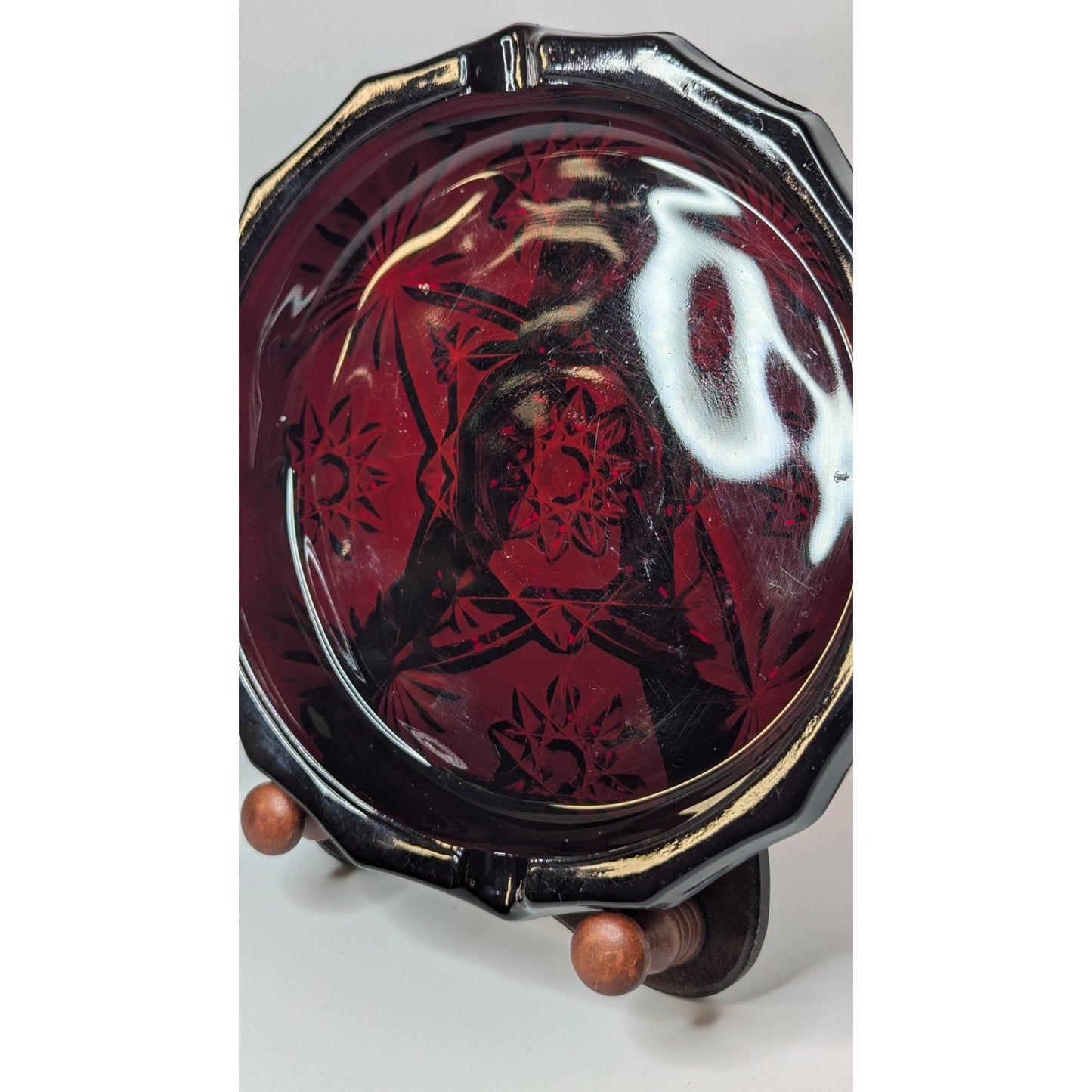 Vintage 8" Large Ruby Red Glass Heavy Octagonal Ashtray No Chips or Cracks