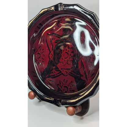 Vintage 8" Large Ruby Red Glass Heavy Octagonal Ashtray No Chips or Cracks
