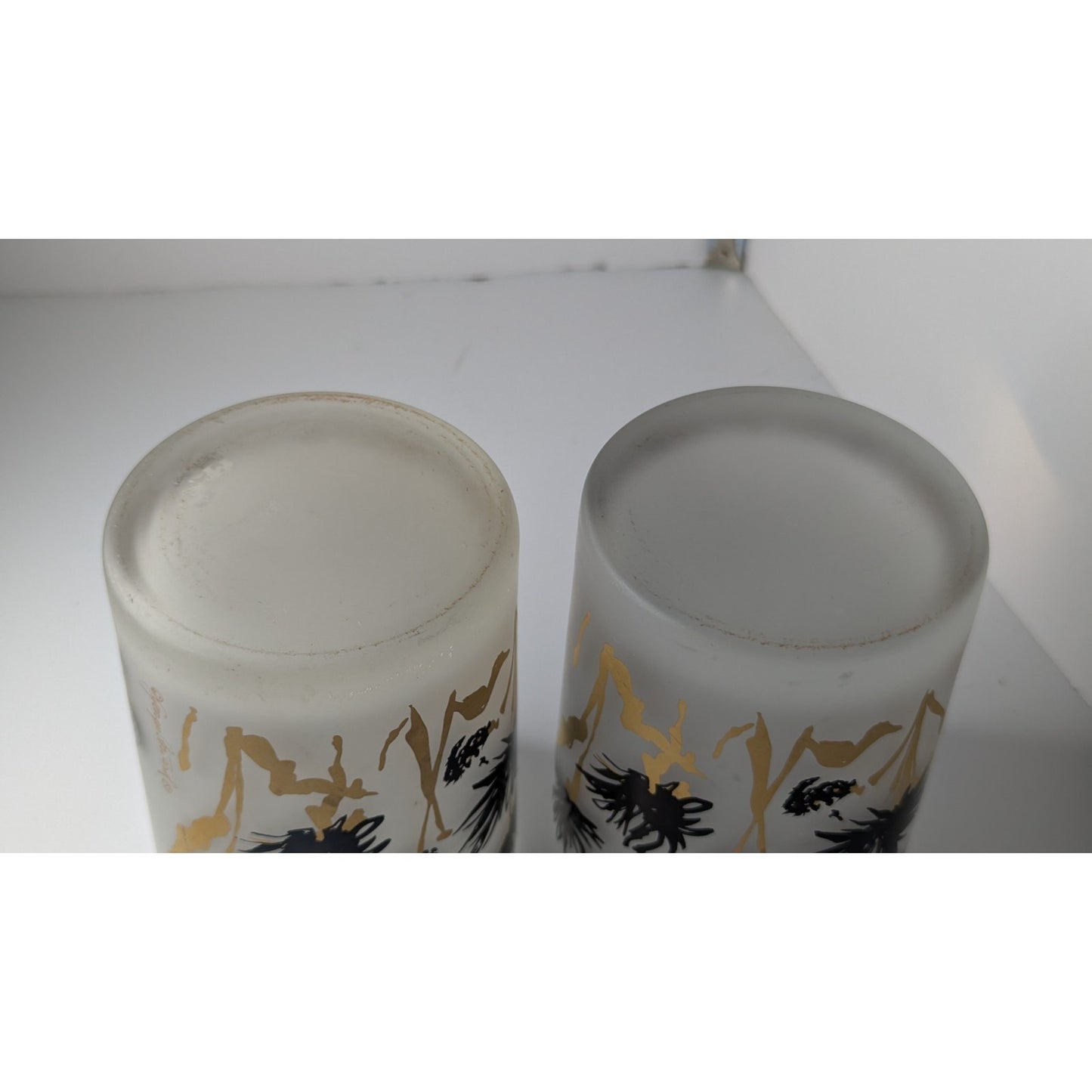 Georges Briard MCM Frosted Old Fashioned Rocks Glasses Set/2 Black Gold Floral