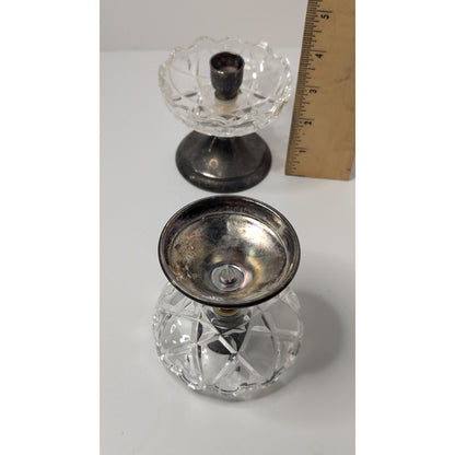 Set of 2 3.5" PM Italian Glass Top Silverplate Candlesticks Half-Inch Tapers