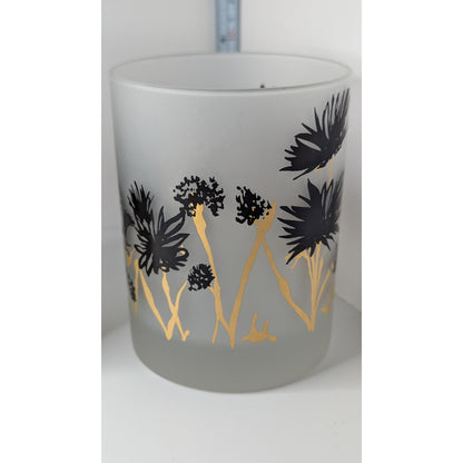 Georges Briard MCM Frosted Old Fashioned Rocks Glasses Set/2 Black Gold Floral