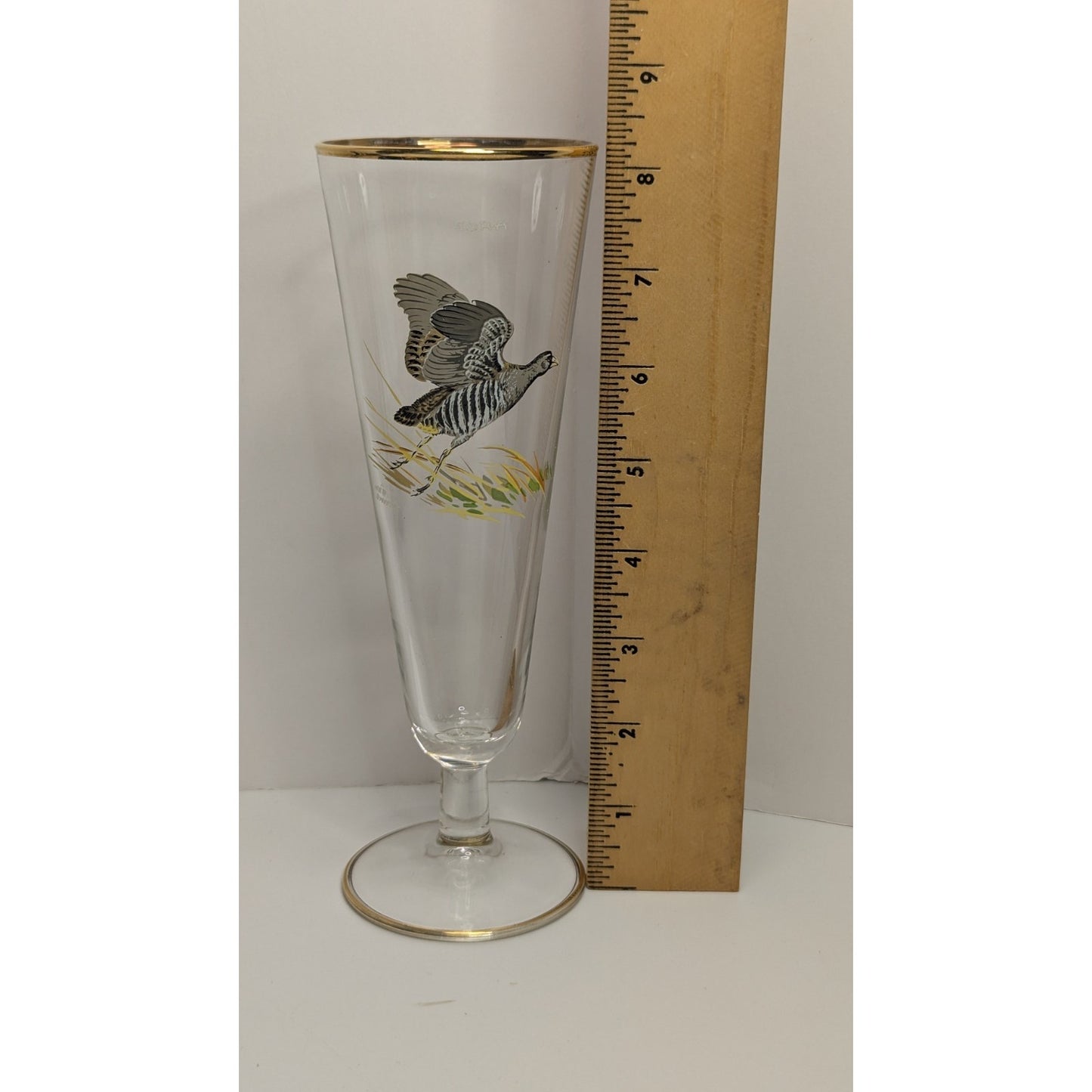 Vintage Ned Smith Hand Painted 8.25" SORA Gold Rimmed Pilsner Glass Waterfowl