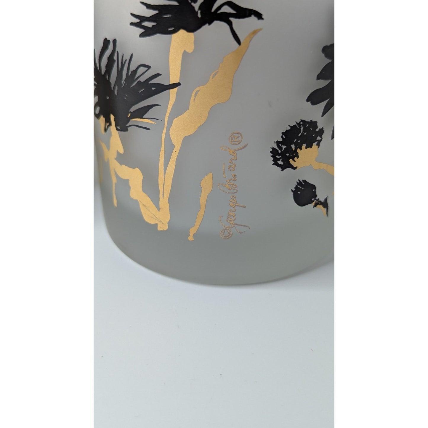 Georges Briard MCM Frosted Old Fashioned Rocks Glasses Set/2 Black Gold Floral