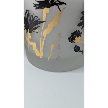 Georges Briard MCM Frosted Old Fashioned Rocks Glasses Set/2 Black Gold Floral