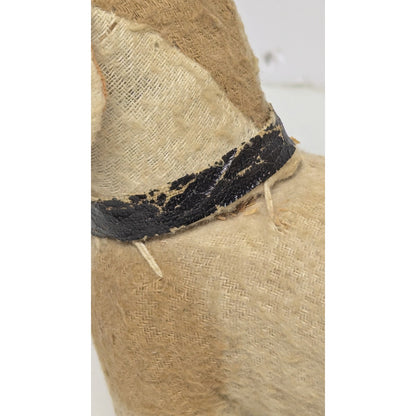 Antique 1900s Handmade Straw Stuffed Rag Dog with Glass Eye and Collar