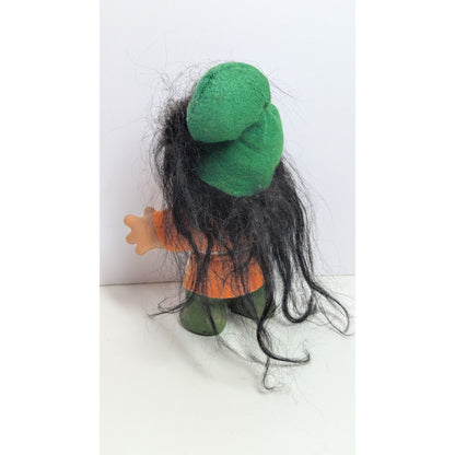 Vintage 1980 DAM Troll Doll Black Hair orange OUTFIT with Green HAT 10"