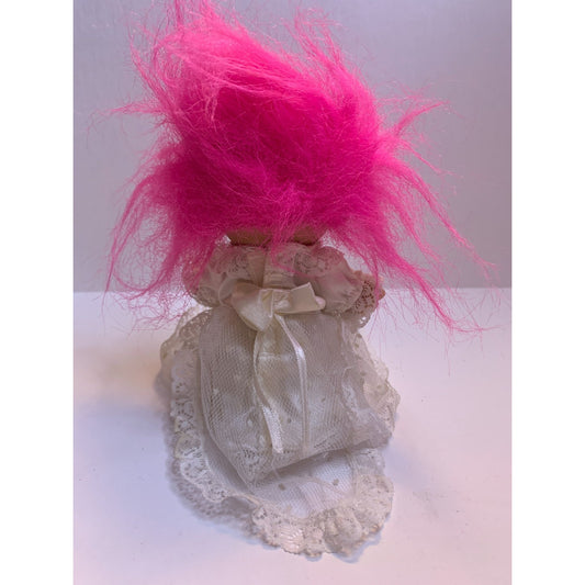 Vintage 1990s Russ 8" Bride Wedding Dress Troll Doll Pink Hair