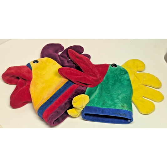 2 Vintage Manhattan Toy Company Rooster Colorful Bird Hand Puppets 1984 1996