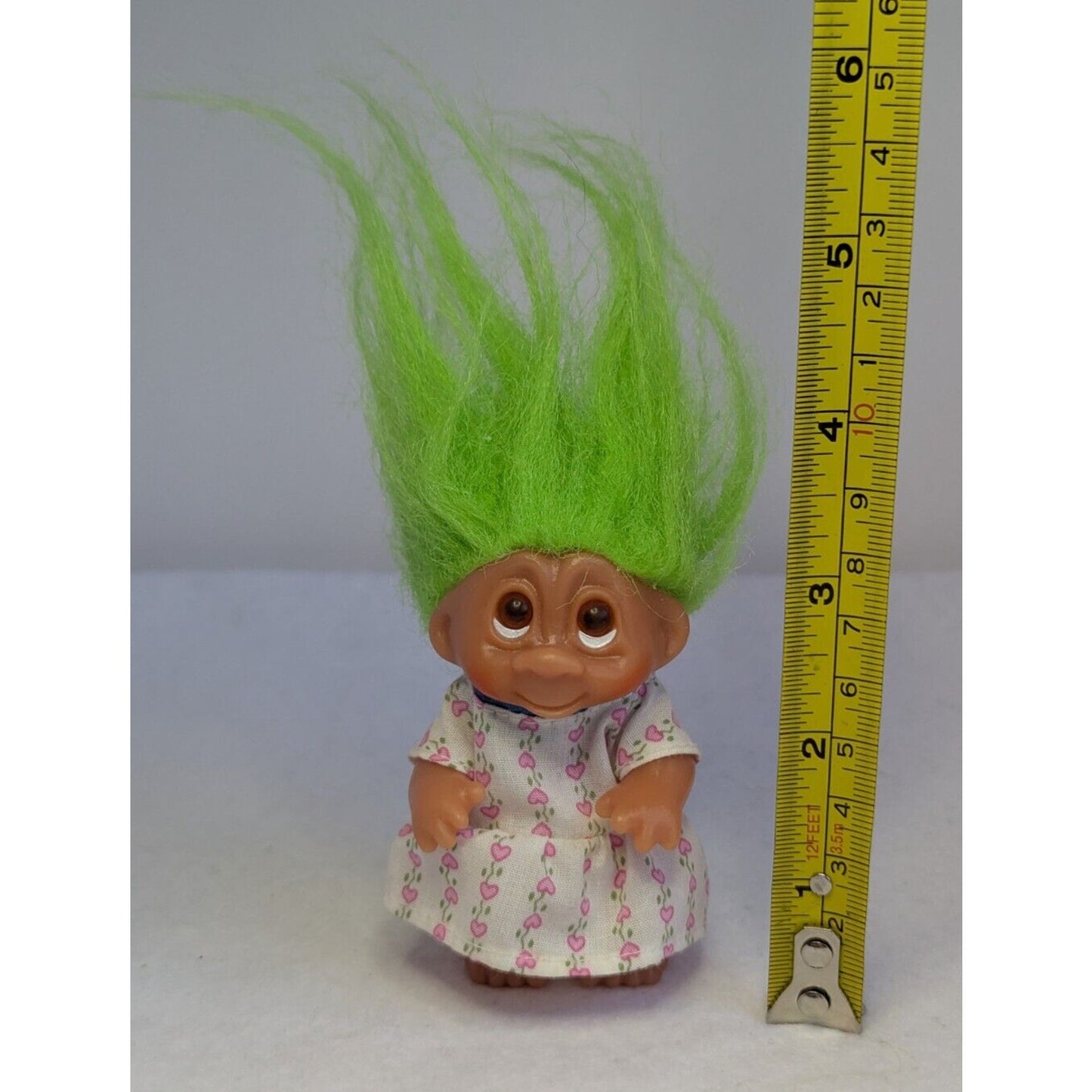 1985 D.A.M. 3" Troll Doll with Pink Heart Flower Dress and Green Hair Brown Eyes