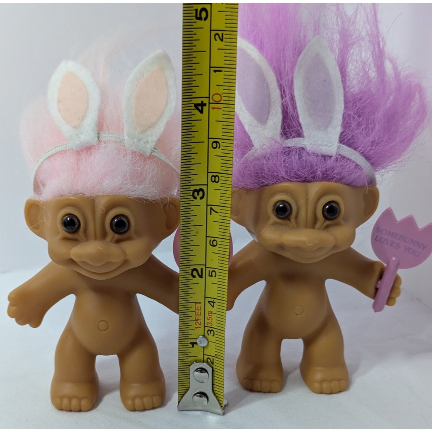 Pair of Vintage Russ 3" Easter Bunny Troll Dolls Purple/Pink Hair Brown Eyes