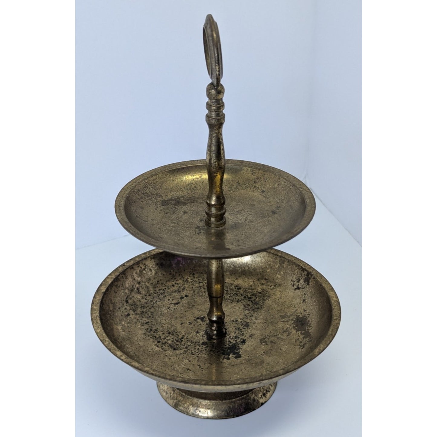 Vintage 2-Tier Brass Gold Tone Circular Jewelry Trinket Trays Stand 8” Metal