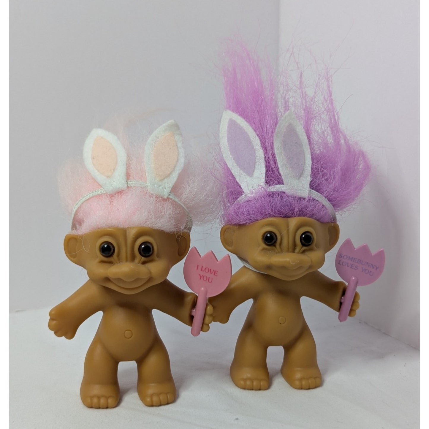 Pair of Vintage Russ 3" Easter Bunny Troll Dolls Purple/Pink Hair Brown Eyes