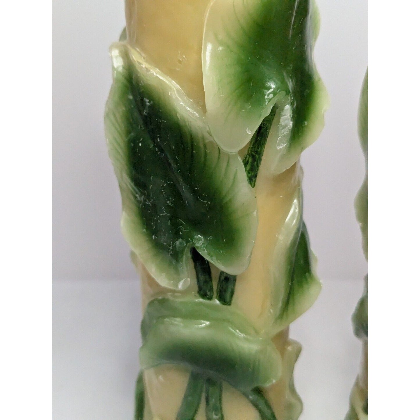 Dept 56 14" Pillar Candle Pair Retro Molded Painted Leaf Hand Carved Wax Candle