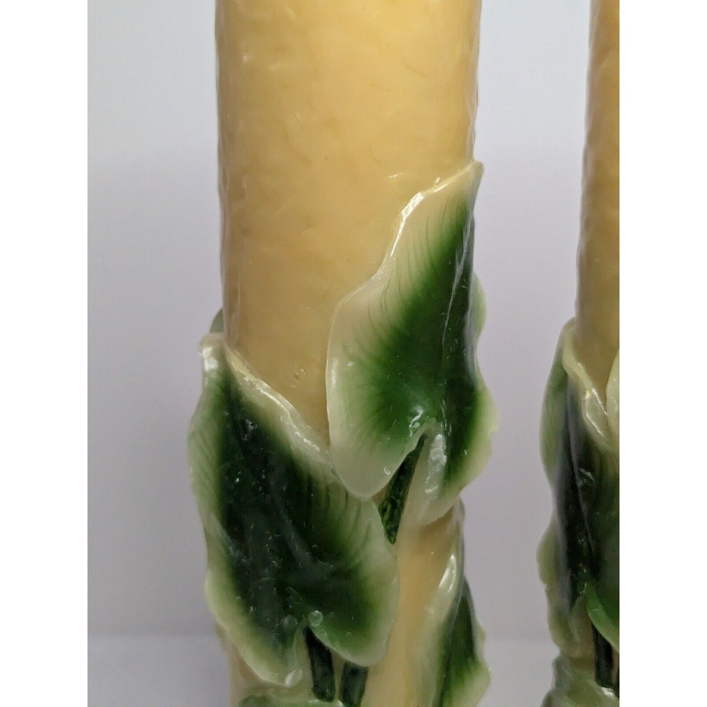 Dept 56 14" Pillar Candle Pair Retro Molded Painted Leaf Hand Carved Wax Candle