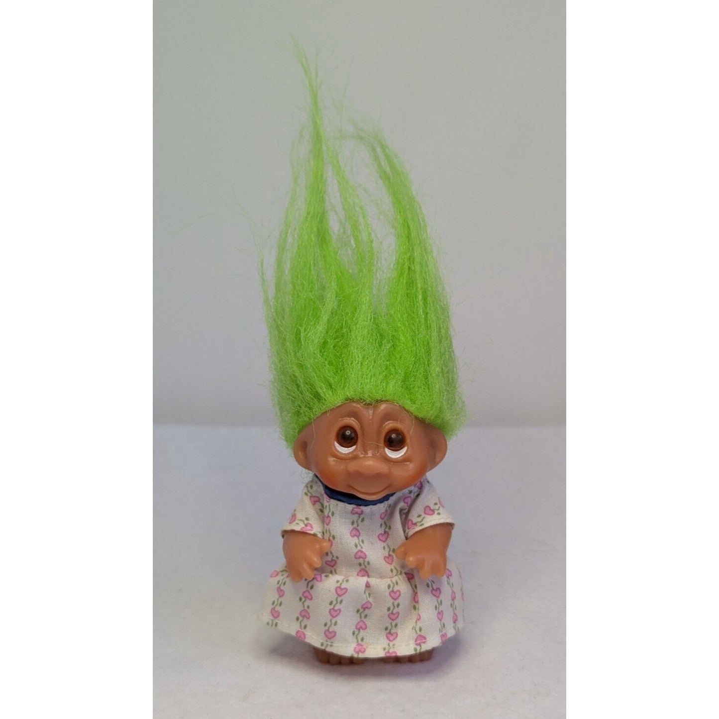 1985 D.A.M. 3" Troll Doll with Pink Heart Flower Dress and Green Hair Brown Eyes